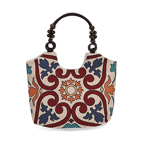 Abstract Style Print Jute Tote Bag - Beige