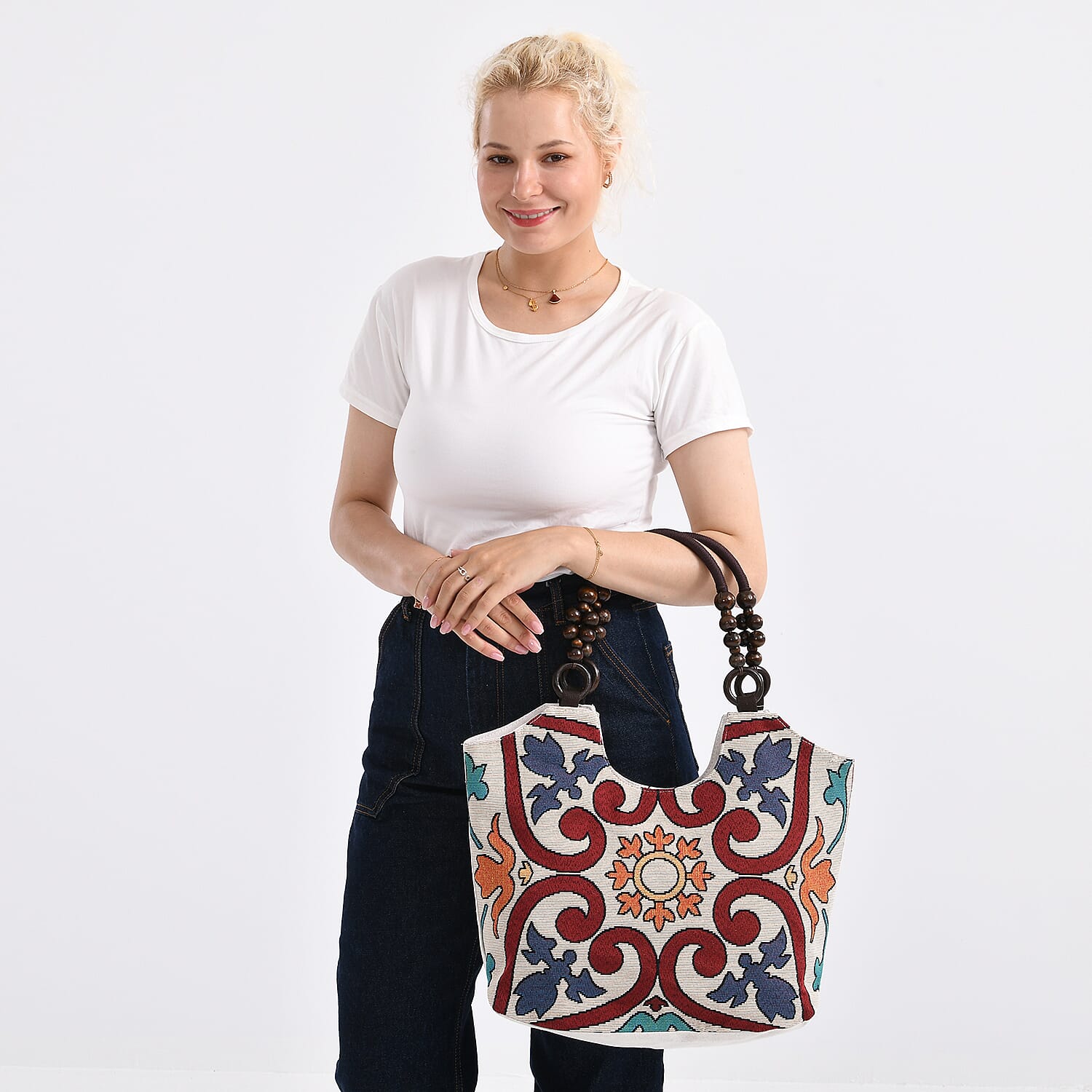 Abstract Style Print Jute Tote Bag - Beige