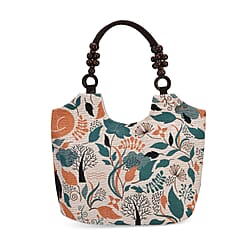 Flower Print Jute Tote Bag - Light Yellow & Blue