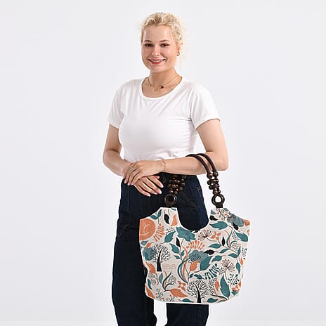 Green Flower with Fox Print Jute Tote Bag - Beige