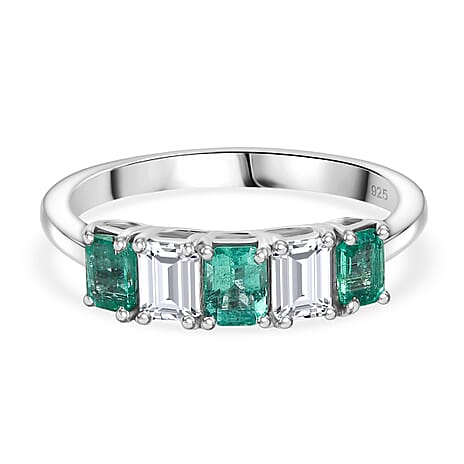 AAA Gemfields Moissanite 5 Stone Ring in Rhodium Overlay Sterling Silver 1.01 Ct.