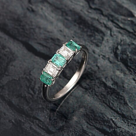 AAA Gemfields Moissanite 5 Stone Ring in Rhodium Overlay Sterling Silver 1.01 Ct.