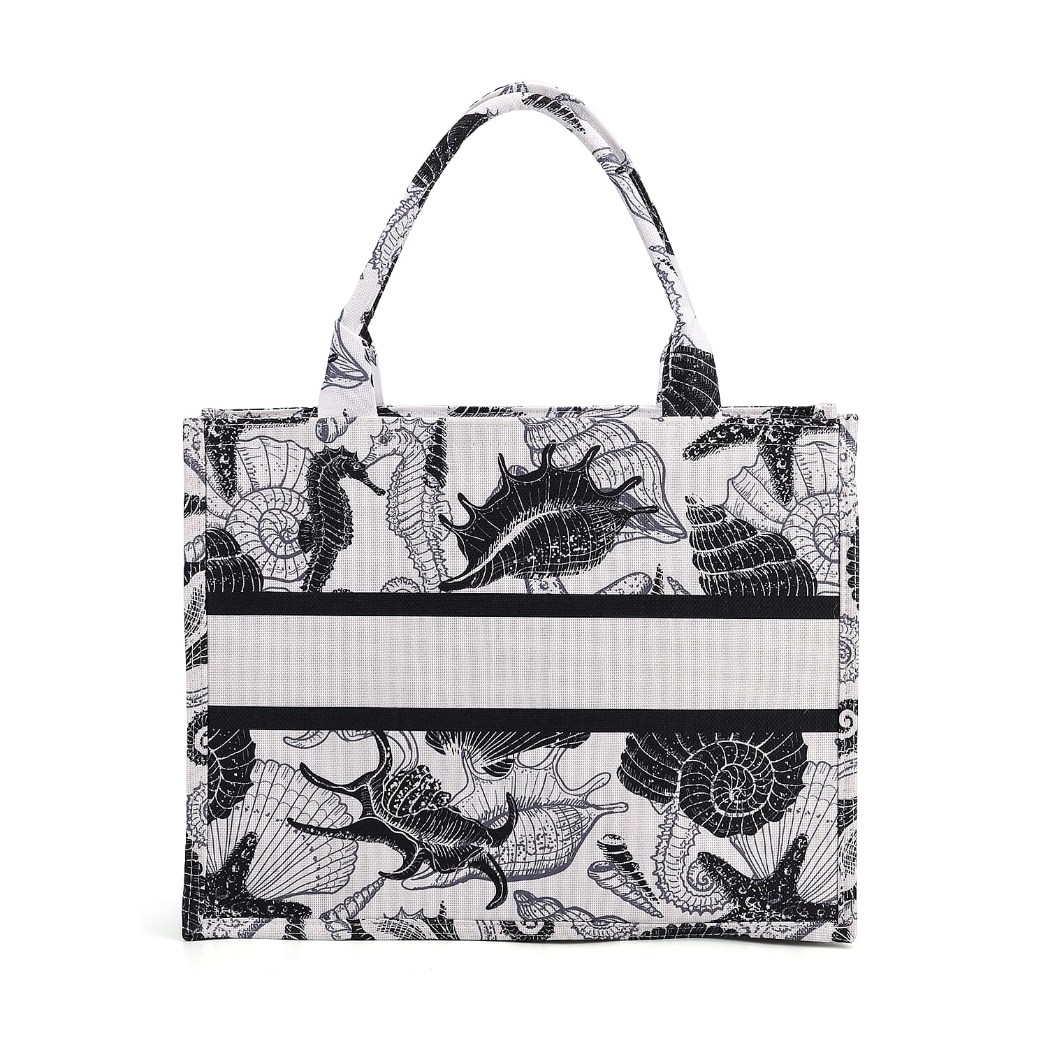 Nautical Print Linen Tote Bag with Seahorses & Shells - Black & White