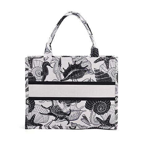 Nautical Print Linen Tote Bag with Seahorses & Shells - Black & White