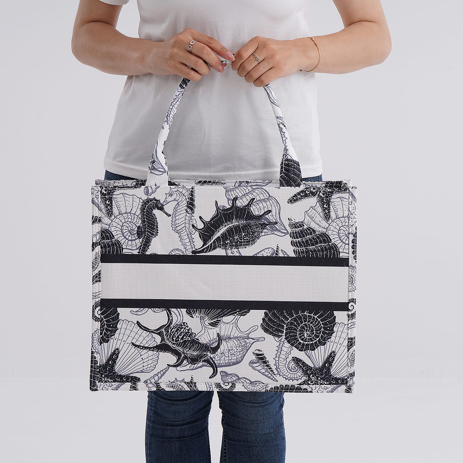 Nautical Print Linen Tote Bag with Seahorses & Shells - Black & White