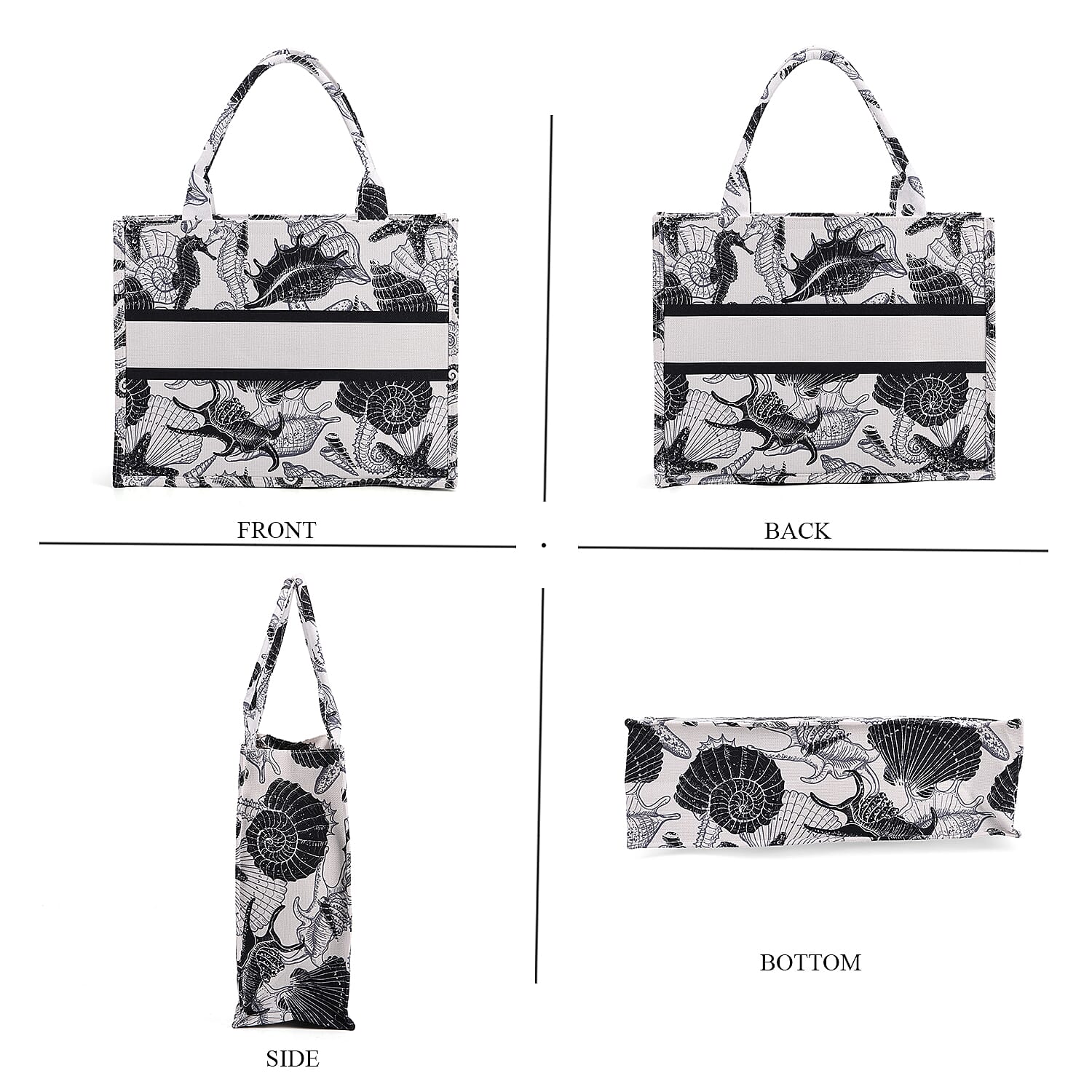 Nautical Print Linen Tote Bag with Seahorses & Shells - Black & White