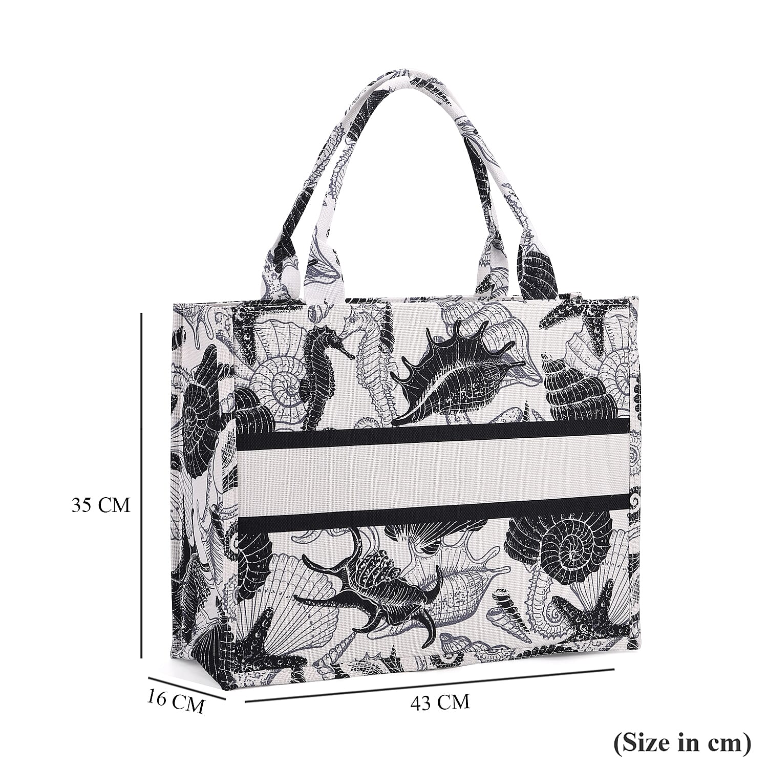 Nautical Print Linen Tote Bag with Seahorses & Shells - Black & White