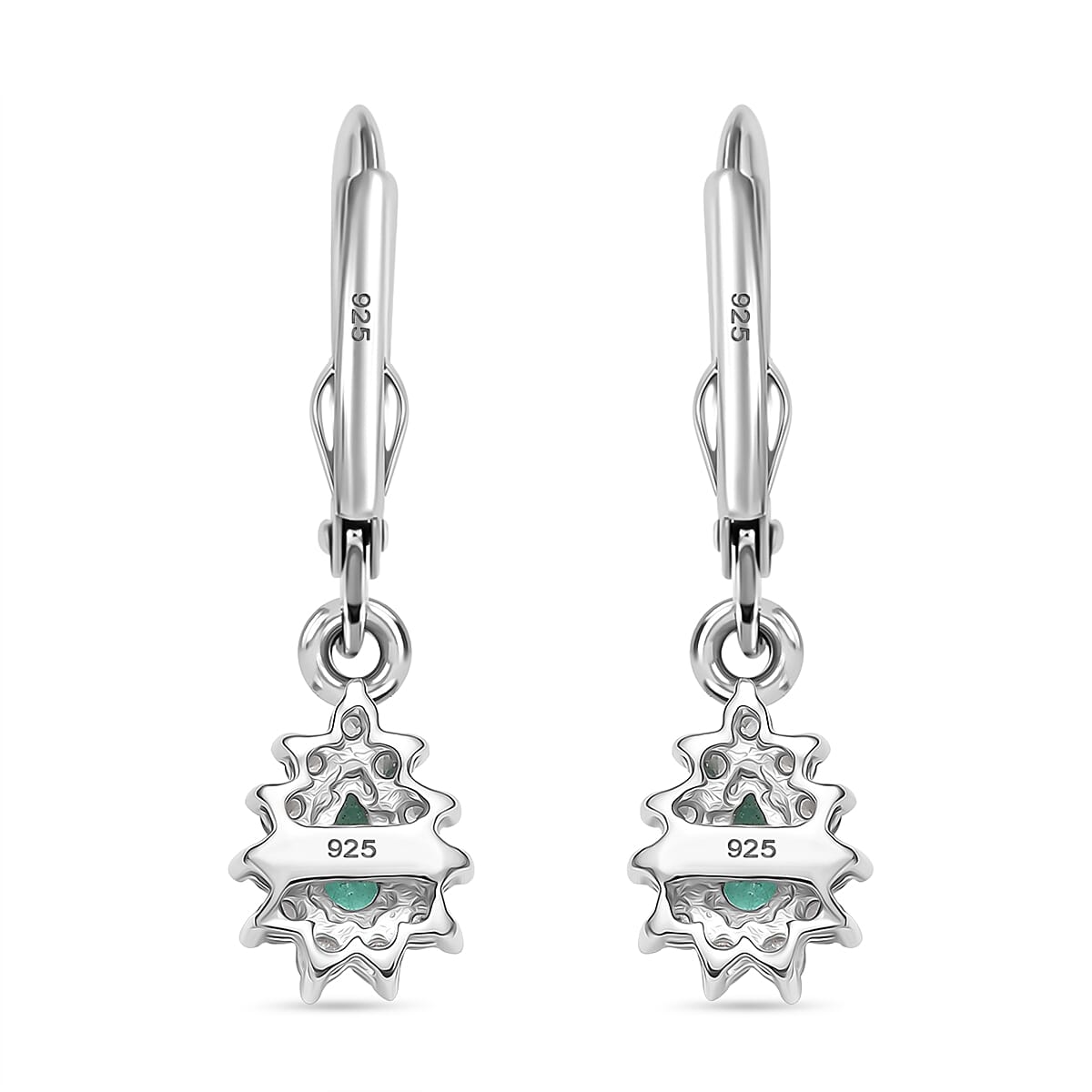 AAA Gemfields Emerald & White Zircon Earring with Lever Back in Rhodium Overlay Sterling Silver AAA Gemfields Emerald & White Zircon Earring with Lever Back in Rhodium Overlay Sterling Silver