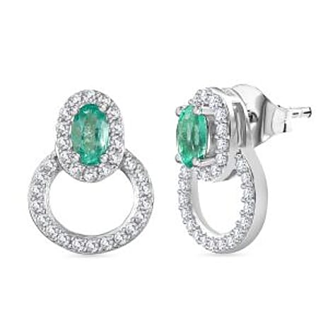 AAA Gemfields Emerald & White Zircon Earring with Push Back in Rhodium Overlay Sterling Silver 1.04 Ct.