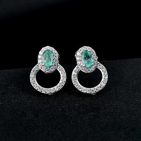 AAA Gemfields Emerald & White Zircon Earring with Push Back in Rhodium Overlay Sterling Silver 1.04 Ct.