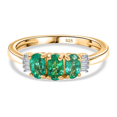 AAA Gemfields Emerald & White Diamond 3 Stone Ring in 18K Vermeil Yellow Gold Plated Sterling Silver
