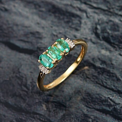 AAA Gemfields Emerald & White Diamond 3 Stone Ring in 18K Vermeil Yellow Gold Plated Sterling Silver