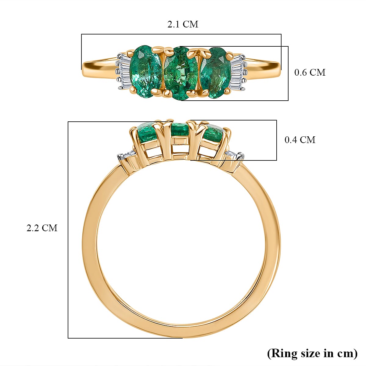 AAA Gemfields Emerald & White Diamond 3 Stone Ring in 18K Vermeil Yellow Gold Plated Sterling Silver AAA Gemfields Emerald & White Diamond 3 Stone Ring in 18K Vermeil Yellow Gold Plated Sterling Silver