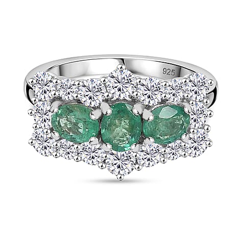 Emerald & Moissanite Boat Ring in Rhodium Overlay Sterling Silver 2.27 Ct.