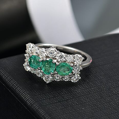Emerald & Moissanite Boat Ring in Rhodium Overlay Sterling Silver 2.27 Ct.