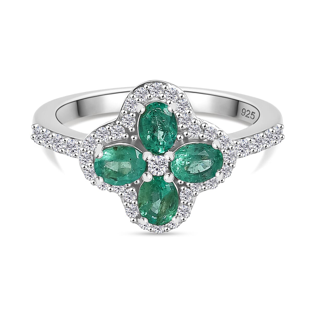 AAA Gemfield Emerald & White Zircon Ring in Rhodium Overlay Sterling Silver 1.12 Ct.