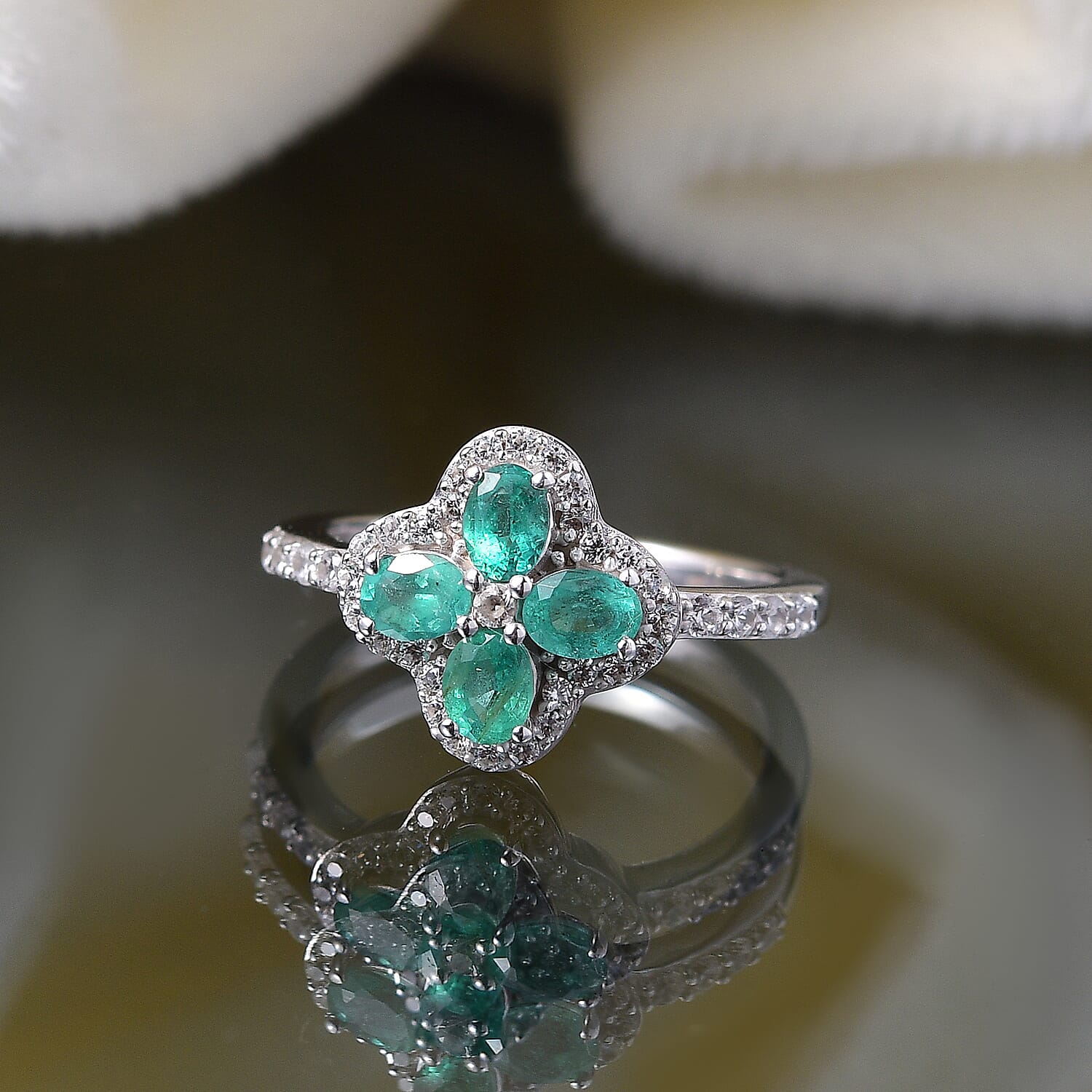 AAA Gemfield Emerald & White Zircon Ring in Rhodium Overlay Sterling Silver 1.12 Ct.