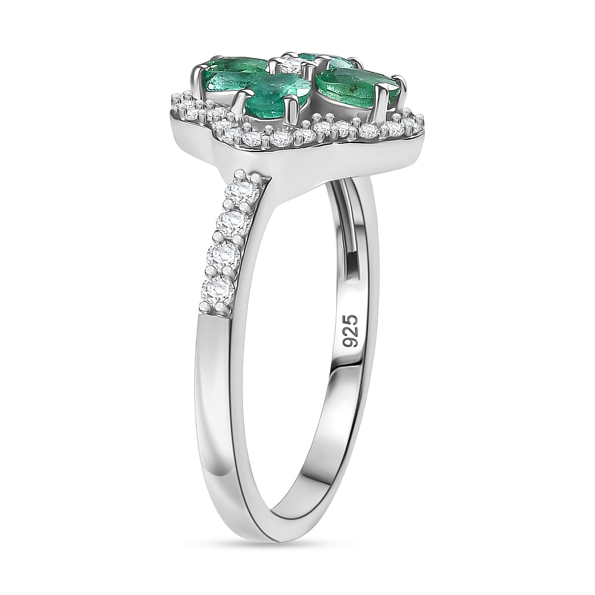 AAA Gemfield Emerald & White Zircon Ring in Rhodium Overlay Sterling Silver 1.12 Ct.