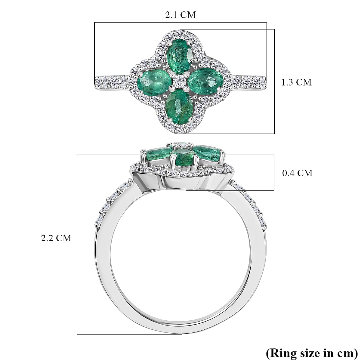 AAA Gemfield Emerald & White Zircon Ring in Rhodium Overlay Sterling Silver 1.12 Ct.