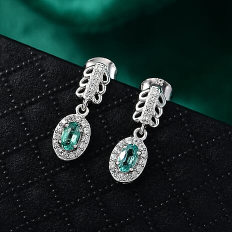 Emerald & White Zircon Dangling Earring with Push Back in Rhodium Overlay Sterling Silver