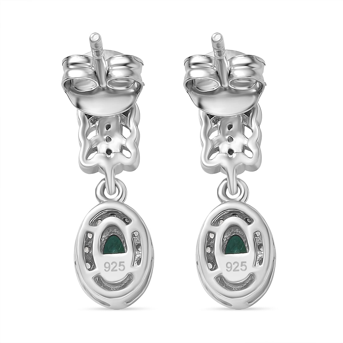 AAA Gemfields Emerald & White Zircon Dangling Earring with Push Back in Rhodium Overlay Sterling Silver AAA Gemfields Emerald & White Zircon Dangling Earring with Push Back in Rhodium Overlay Sterling Silver