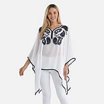 La Marey Cotton Blend Embroidered Kaftan Top with Contrast Trim (One Size) - White