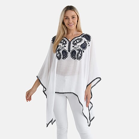 La Marey Cotton Blend Embroidered Kaftan Top with Contrast Trim (One Size) - White