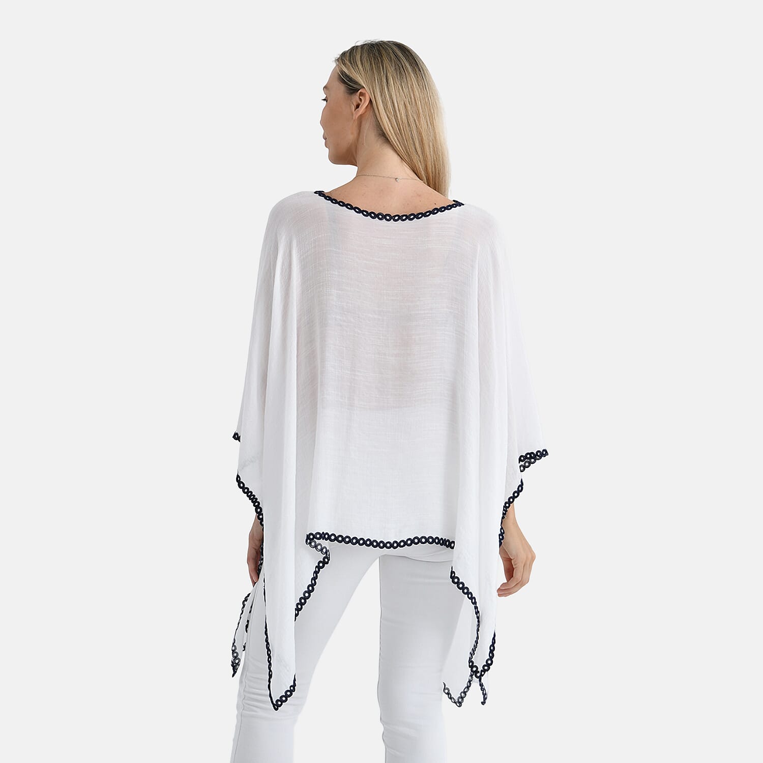 La Marey Cotton Blend Embroidered Kaftan Top with Contrast Trim (One Size) - White