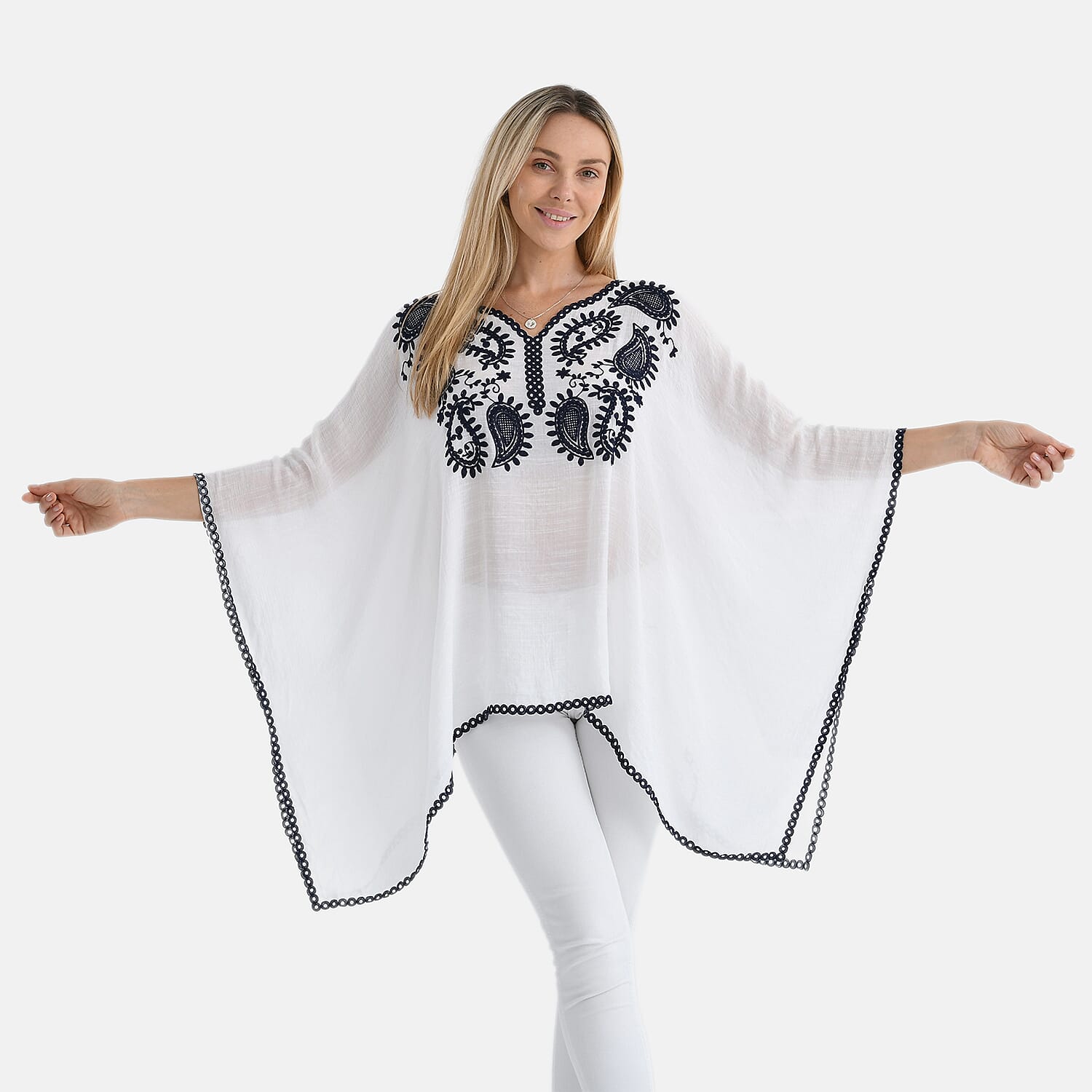 La Marey Cotton Blend Embroidered Kaftan Top with Contrast Trim (One Size) - White