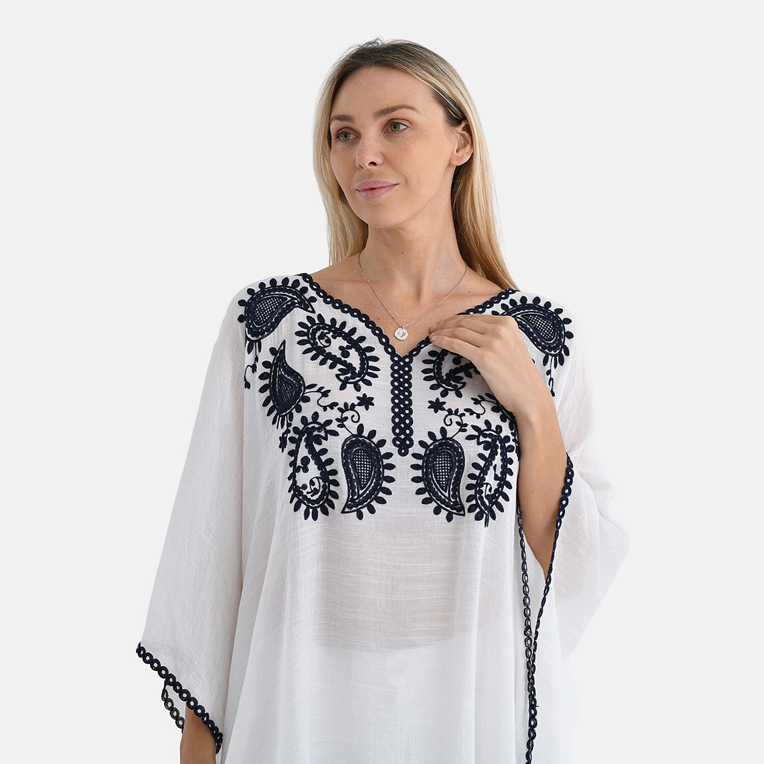 La Marey Cotton Blend Embroidered Kaftan Top with Contrast Trim (One Size) - White