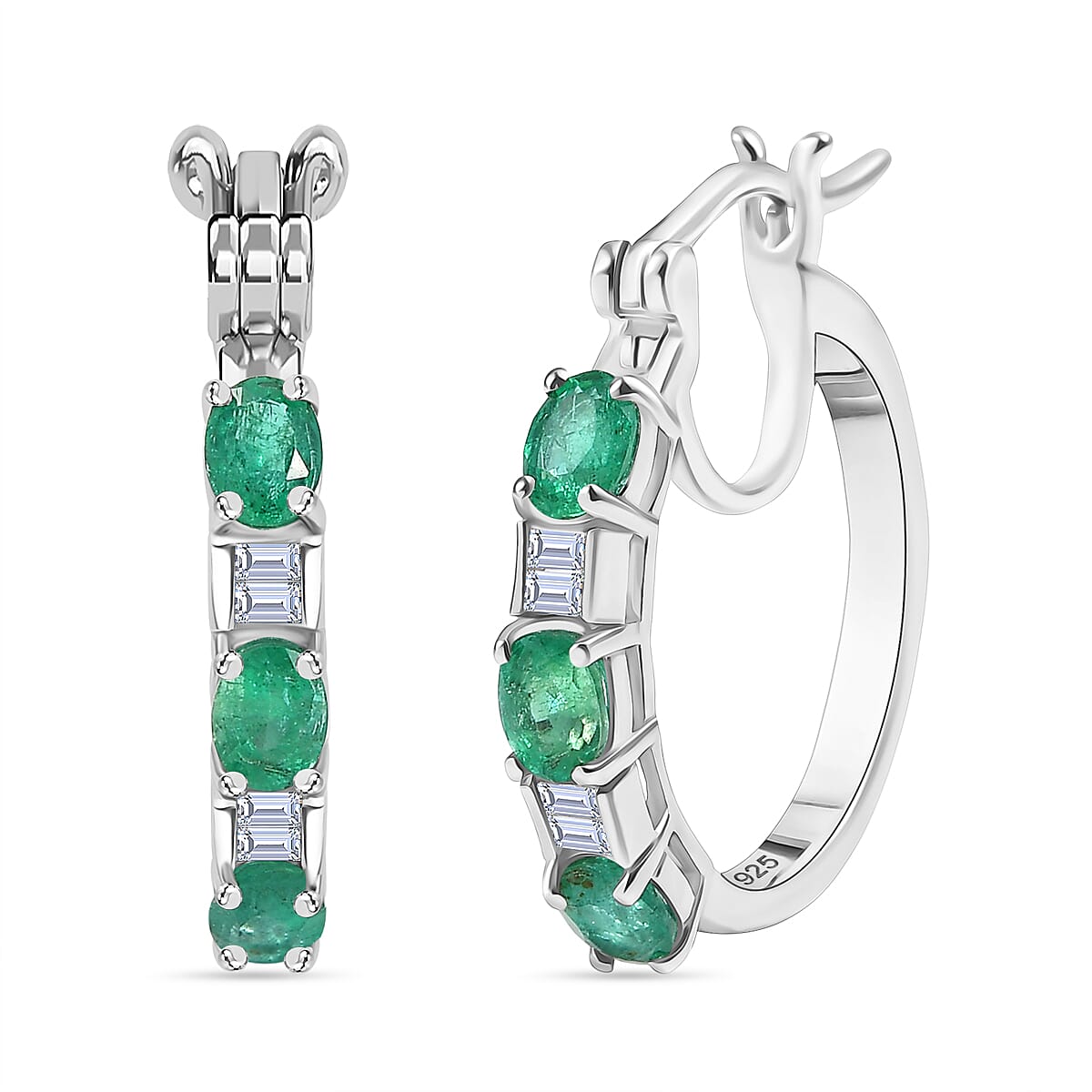 AAA Gemfields Emerald & Moissanite Full Hoop Earring with Clasp in Rhodium Overlay Sterling Silver 1.12 Ct.