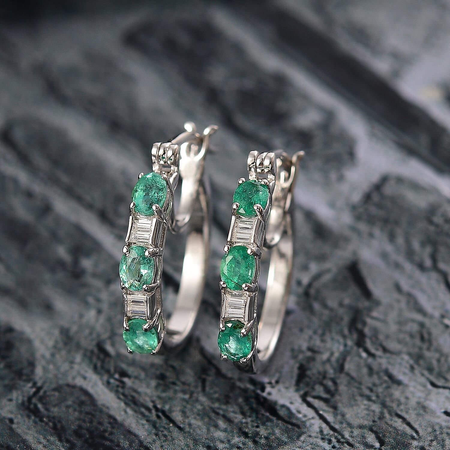 AAA Gemfields Emerald & Moissanite Full Hoop Earring with Clasp in Rhodium Overlay Sterling Silver 1.12 Ct.
