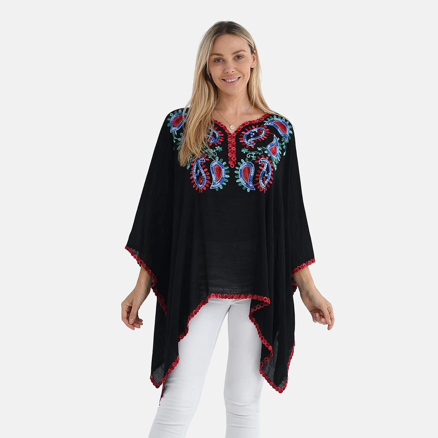 La Marey Cotton Blend Embroidered Kaftan Top with Contrast Trim (One Size) - Black & Multi