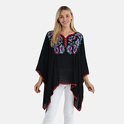 La Marey Cotton Blend Embroidered Kaftan Top with Contrast Trim (One Size) - White