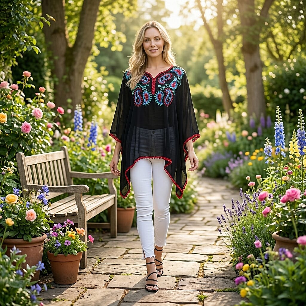 La Marey Cotton Blend Embroidered Kaftan Top with Contrast Trim (One Size) - Black & Multi