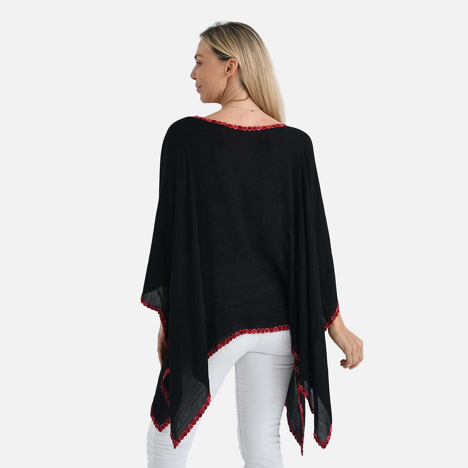 La Marey Cotton Blend Embroidered Kaftan Top with Contrast Trim (One Size) - Black & Multi