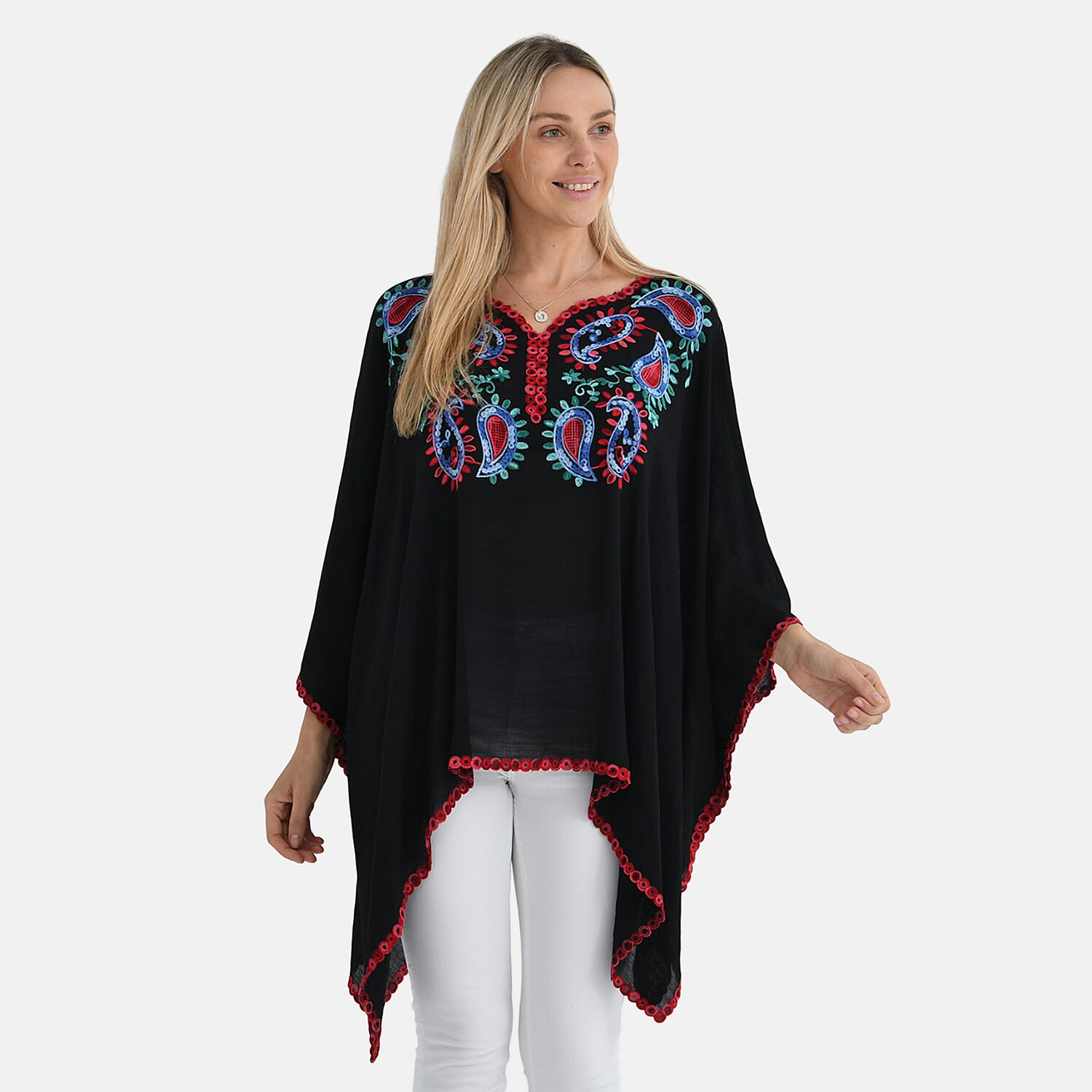 La Marey Cotton Blend Embroidered Kaftan Top with Contrast Trim (One Size) - Black & Multi