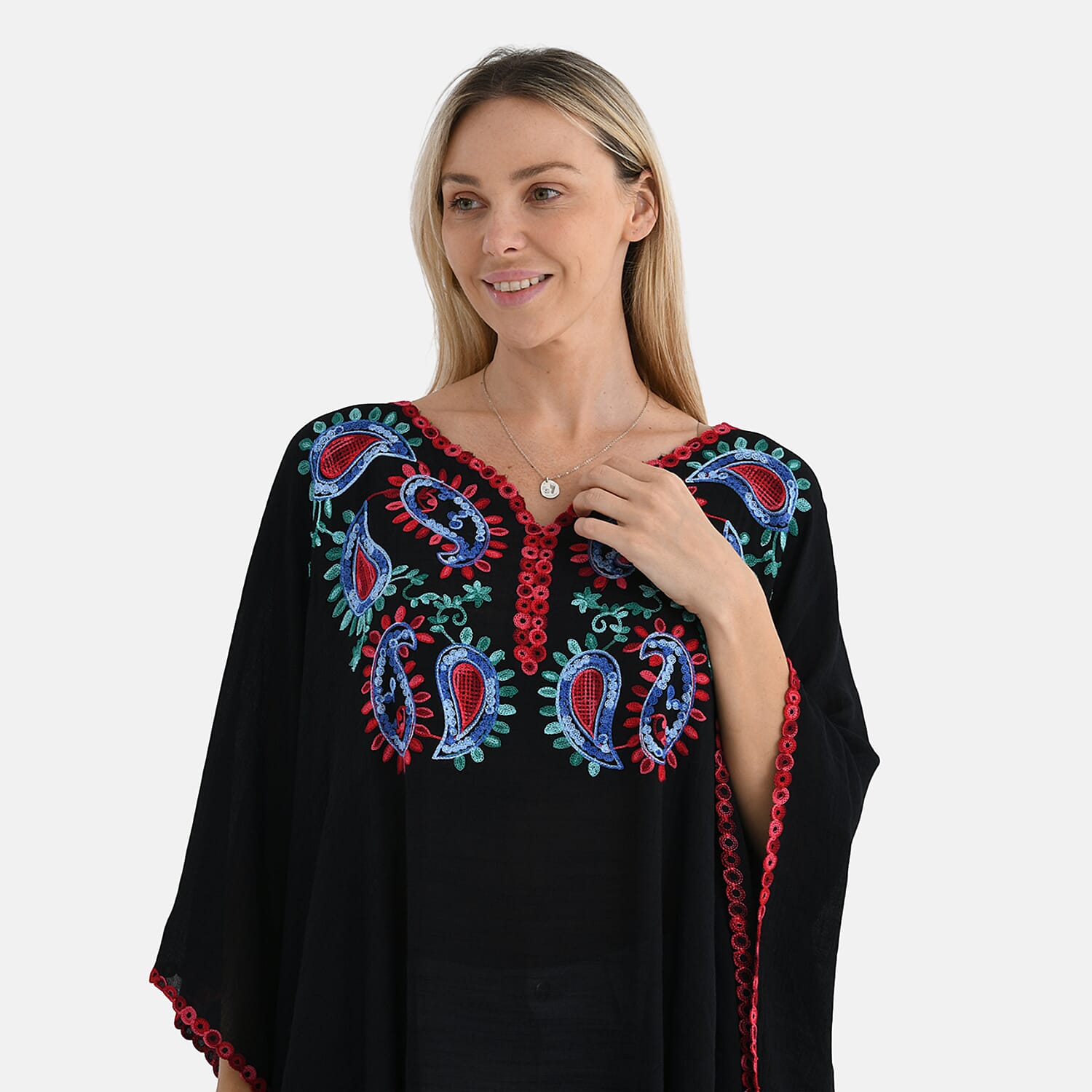La Marey Cotton Blend Embroidered Kaftan Top with Contrast Trim (One Size) - Black & Multi