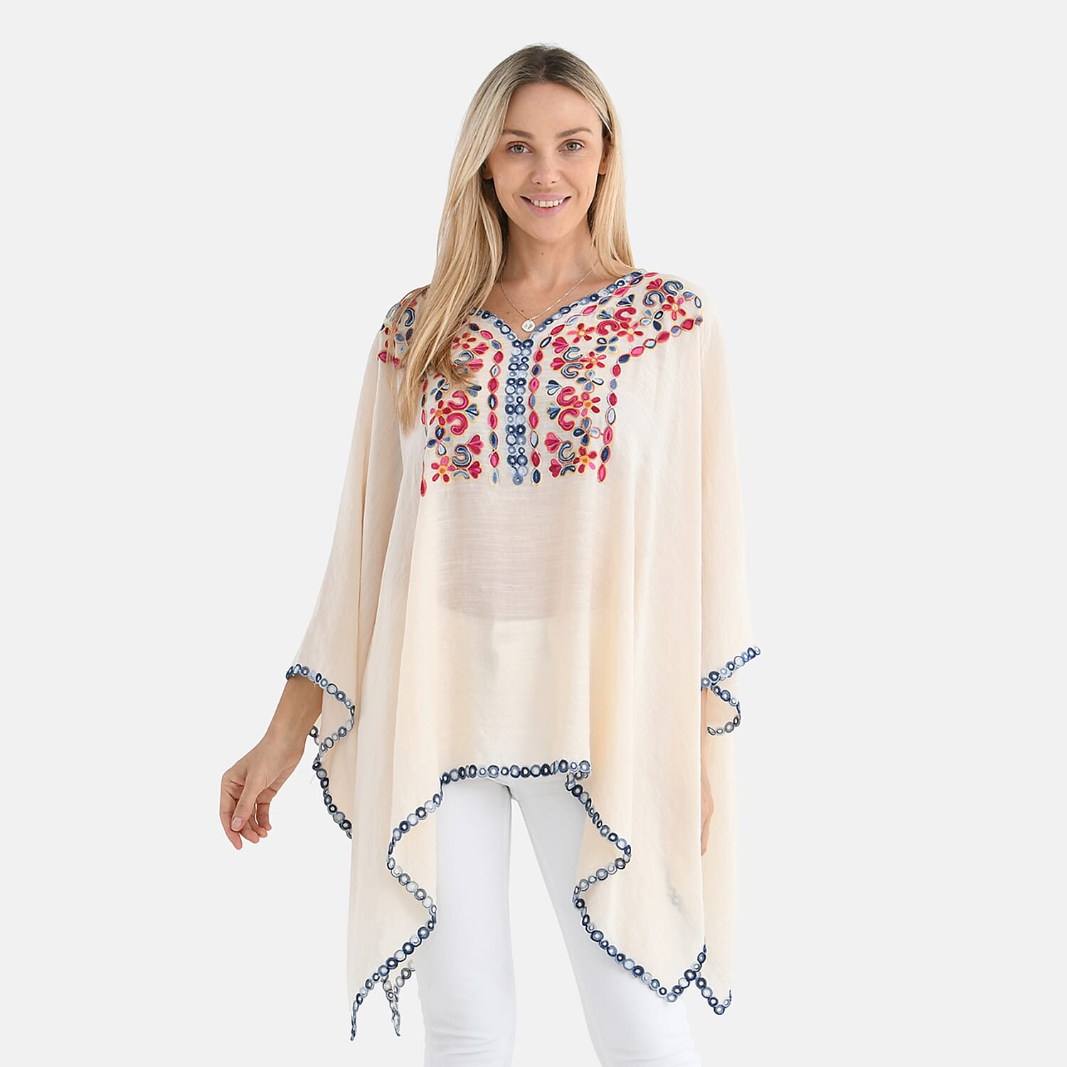 La Marey Cotton Blend Embroidered Kaftan Top with Contrast Trim (One Size) - Beige & Multicolour
