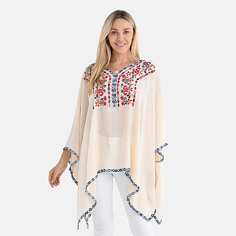 La Marey Cotton Blend Embroidered Kaftan Top with Contrast Trim (One Size) - Beige & Multicolour