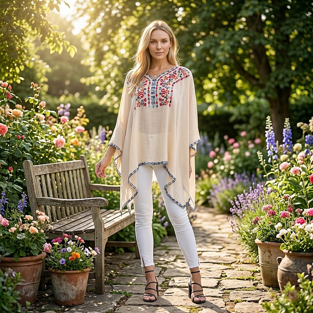 La Marey Cotton Blend Embroidered Kaftan Top with Contrast Trim (One Size) - Beige & Multicolour