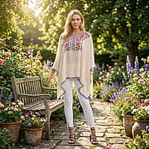 La Marey Cotton Blend Embroidered Kaftan Top with Contrast Trim (One Size) - Beige & Multicolour