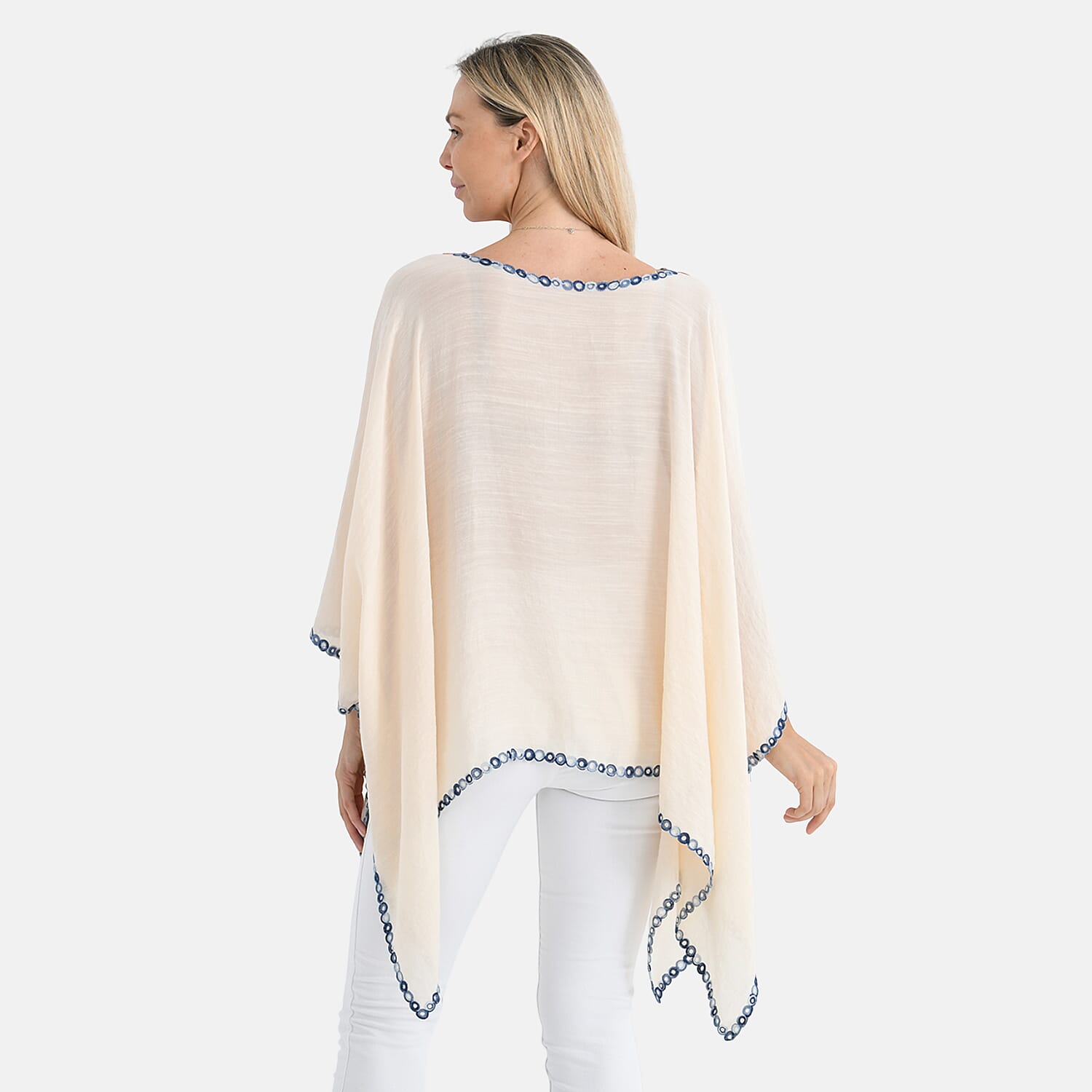 La Marey Cotton Blend Embroidered Kaftan Top with Contrast Trim (One Size) - Beige & Multicolour