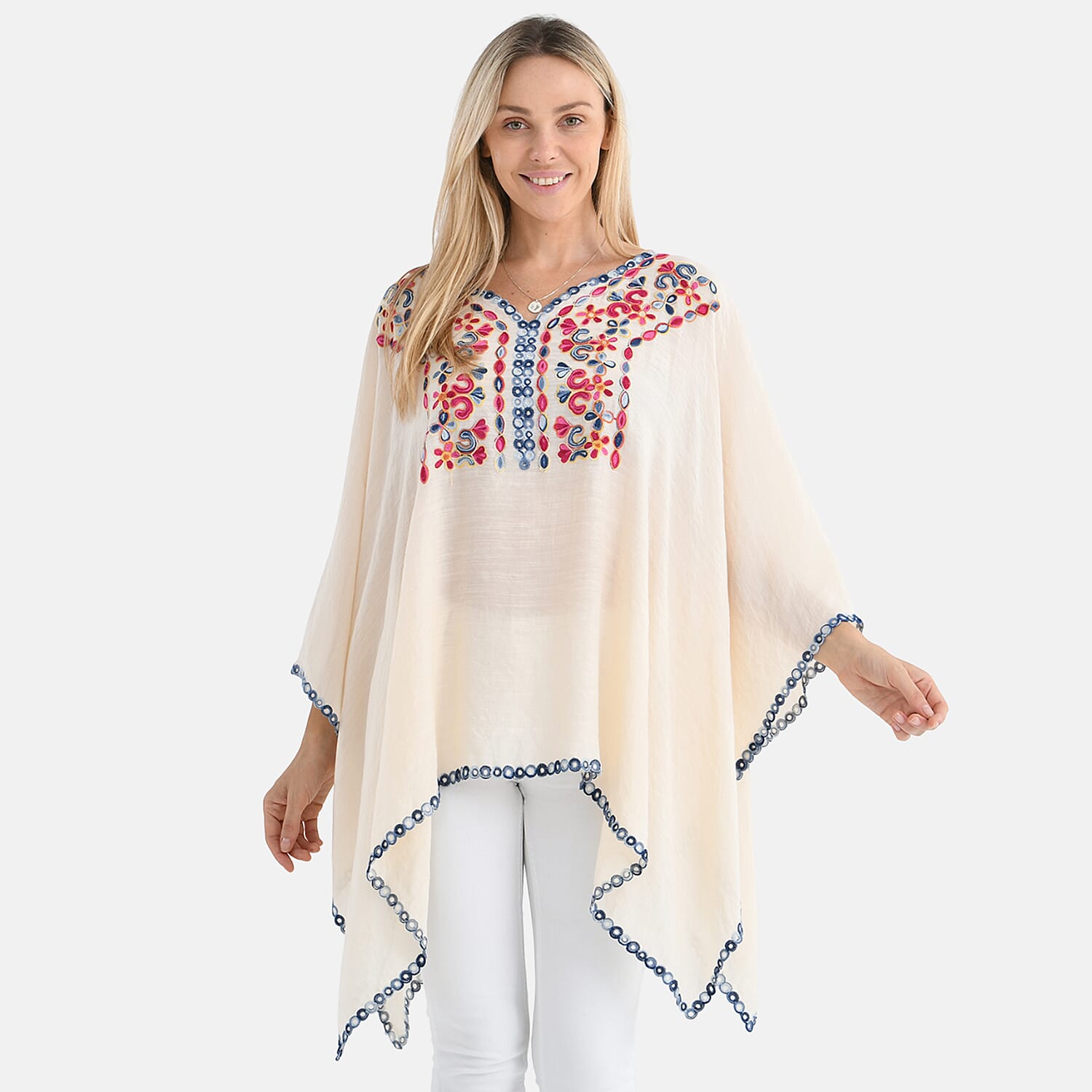 La Marey Cotton Blend Embroidered Kaftan Top with Contrast Trim (One Size) - Beige & Multicolour
