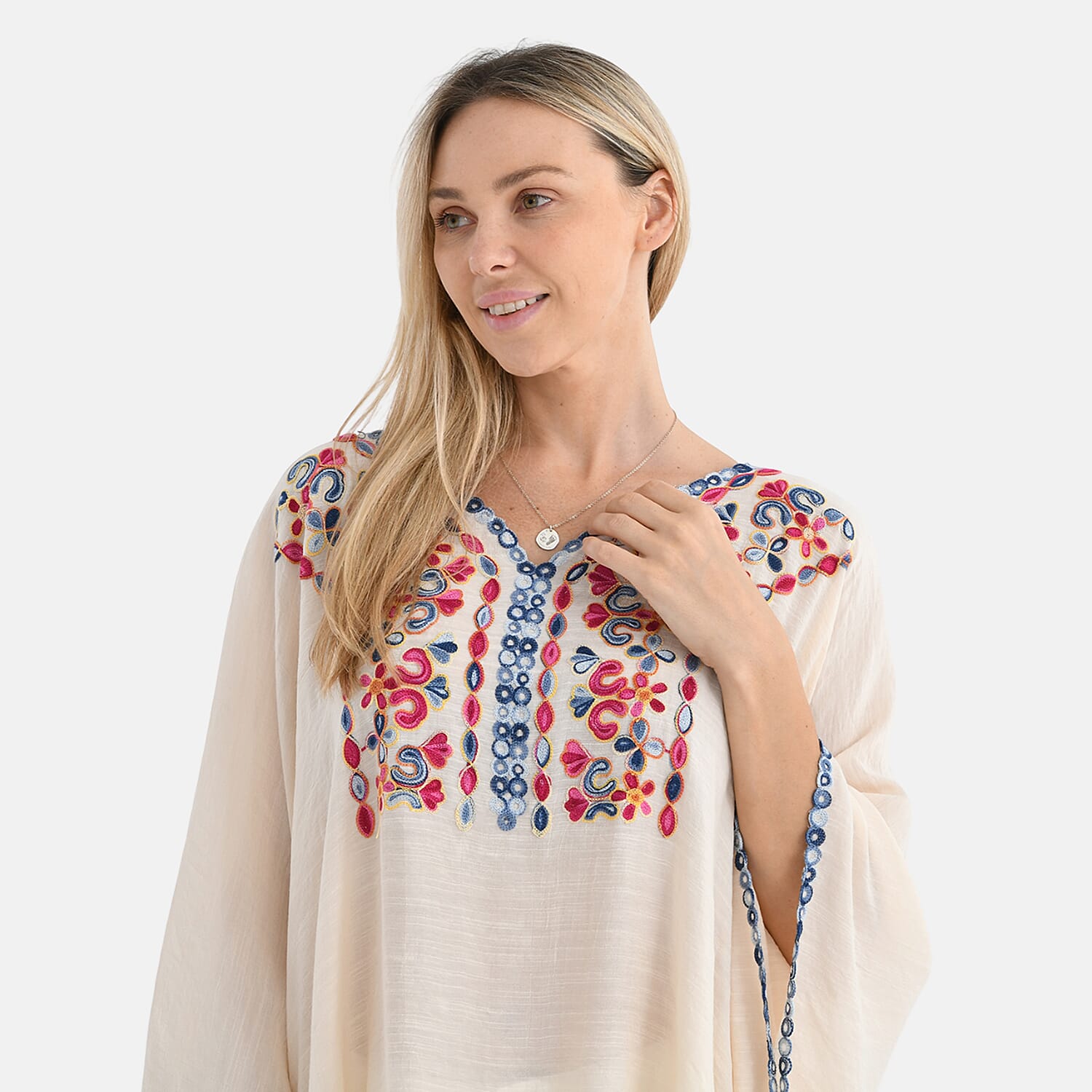 La Marey Cotton Blend Embroidered Kaftan Top with Contrast Trim (One Size) - Beige & Multicolour