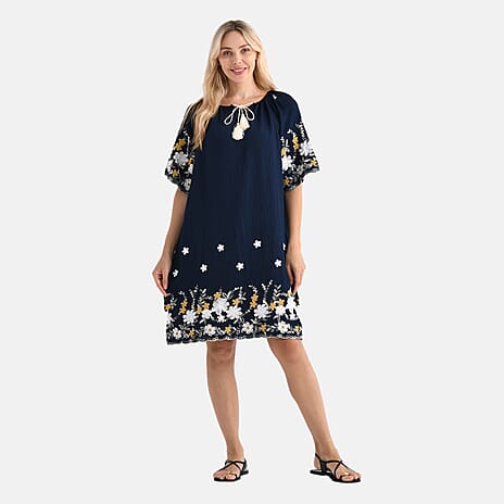 LA MAREY Cotton Blend Embroidered Dress (Size S-M, 8 to 14) - Navy