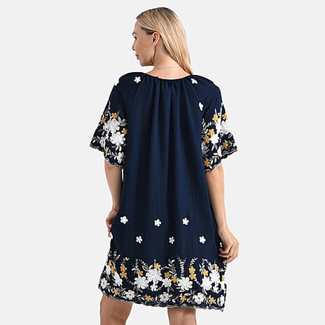 LA MAREY Cotton Blend Embroidered Dress (Size S-M, 8 to 14) - Navy