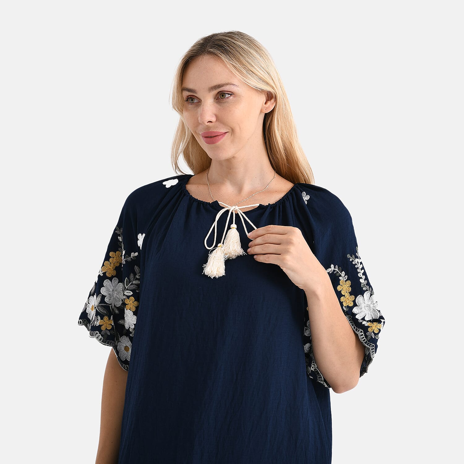 LA MAREY Cotton Blend Embroidered Dress (Size L-XL, 16 to 20) - Navy