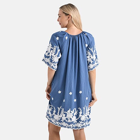 LA MAREY Cotton Blend Embroidered Dress (Size L-XL, 16 to 20) - Blue