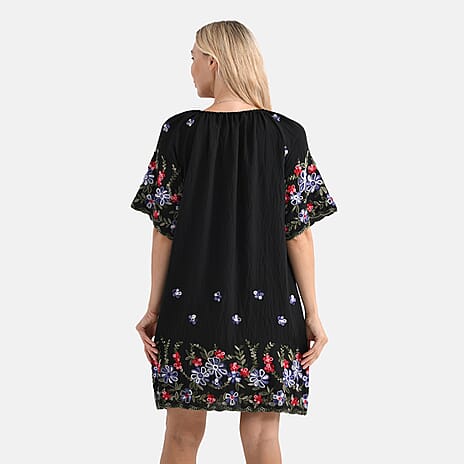 LA MAREY Cotton Blend Embroidered Dress (Size L-XL, 16 to 20) - Black